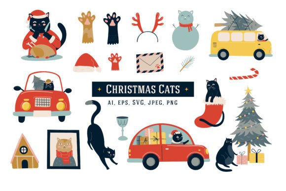 19 Christmas Cats Illustrations: Black Cat Festive Bundle
