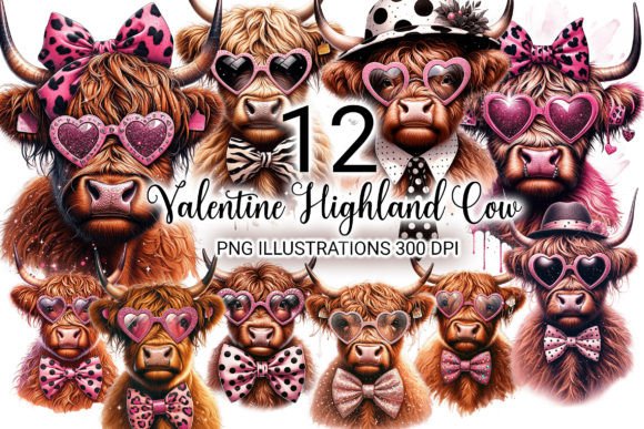 Moo-ve Over Boring Designs: Valentine Highland Cow PNG Illustrations