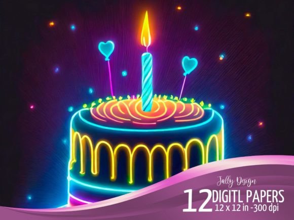 Neon Birthday Cake. Party Illustrations: A Burst of Digital Joy