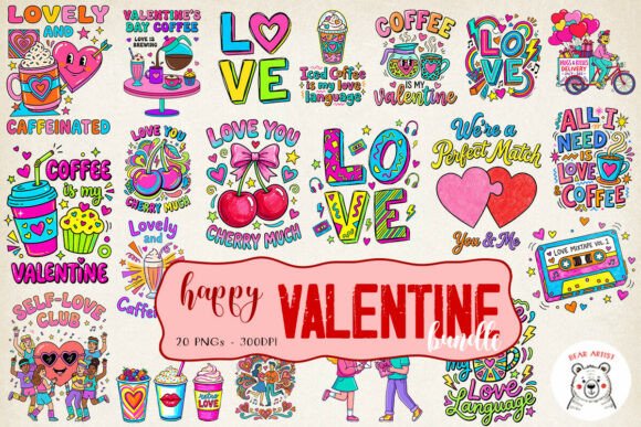 Valentine Love & Coffee Illustrations PNG Bundle